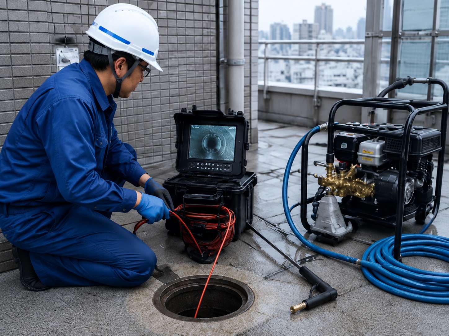 排水管カメラ調査・高圧洗浄の施工現場